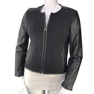 Eileen Fisher Womens Size M Jacket Collarless Wool Leather Panel Zip Front Black